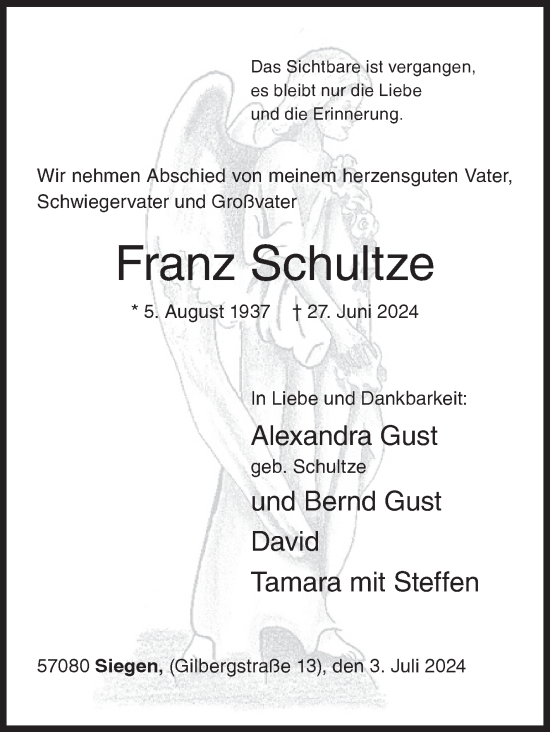 Traueranzeige von Franz Schultze von Siegener Zeitung