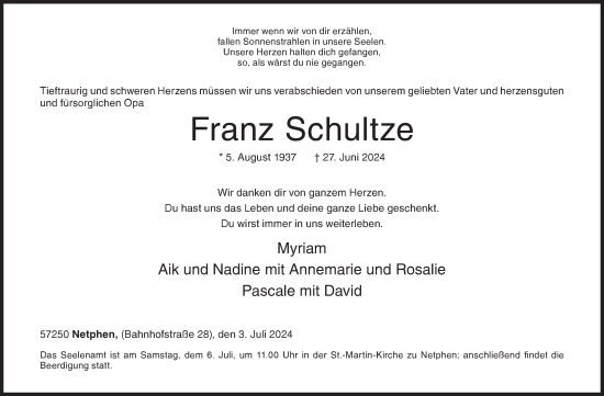 Traueranzeige von Franz Schultze von Siegener Zeitung