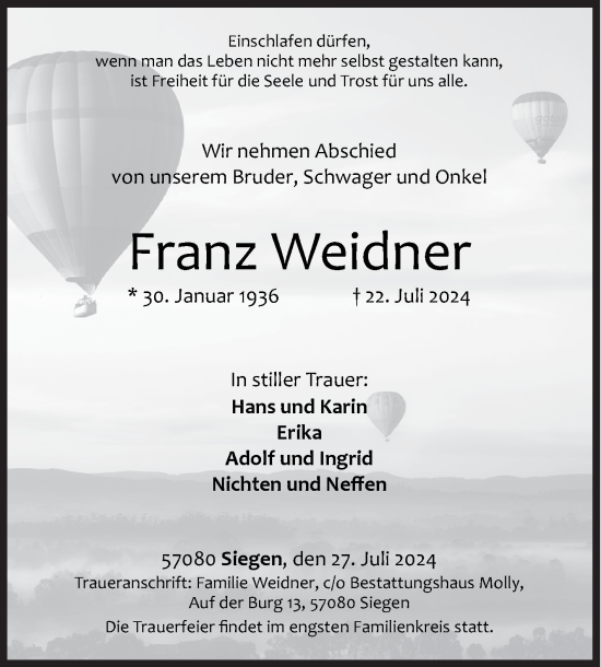 Traueranzeige von Franz Weidner von Siegener Zeitung
