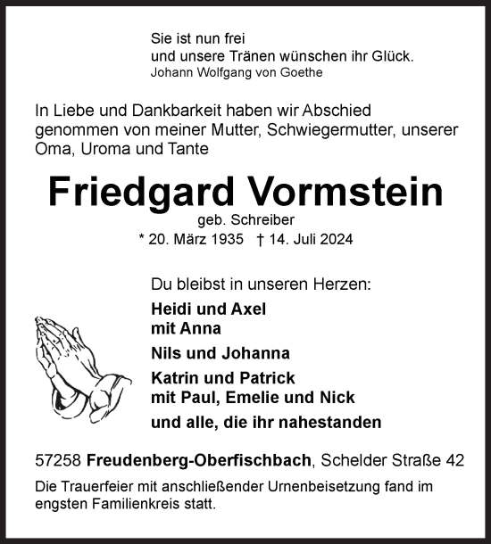 Traueranzeige von Friedgard Vormstein von Siegener Zeitung