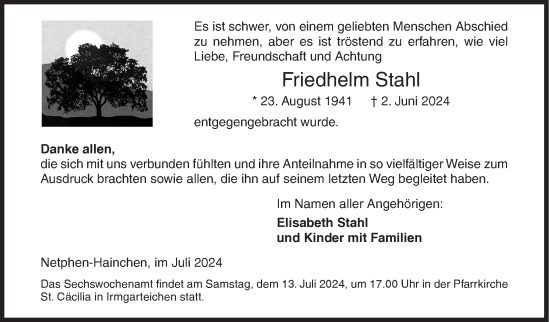 Traueranzeige von Friedhelm Stahl von Siegener Zeitung