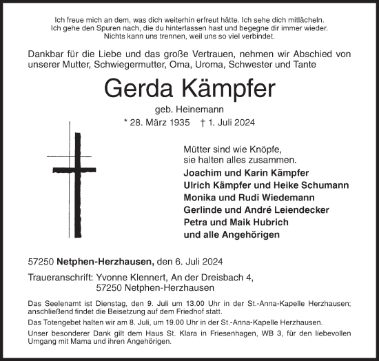Traueranzeige von Gerda Kämpfer von Siegener Zeitung
