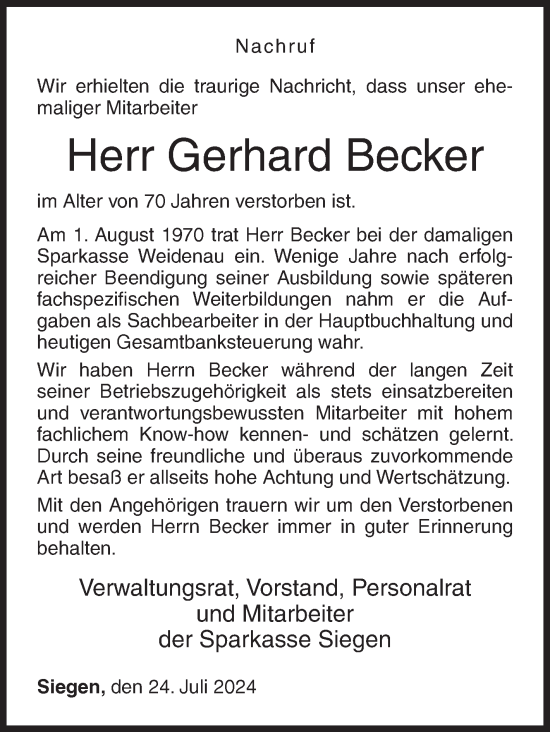 Traueranzeige von Gerhard Becker von Siegener Zeitung