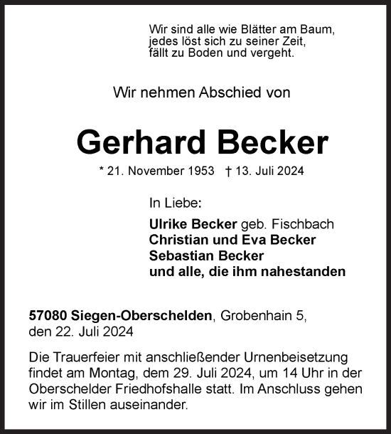Traueranzeige von Gerhard Becker von Siegener Zeitung