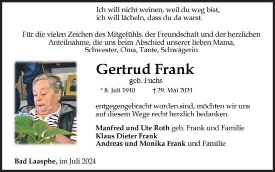 Traueranzeige von Gertrud Frank von Siegener Zeitung