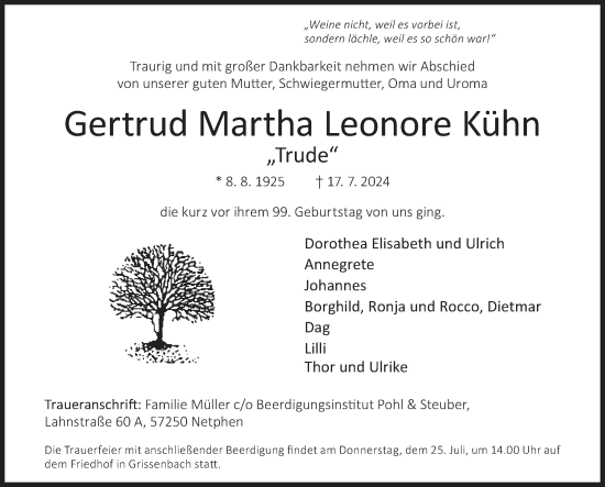 Traueranzeige von Gertrud Martha Leonore Kühn von Siegener Zeitung