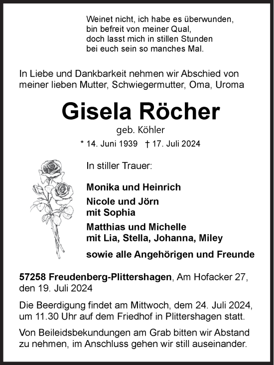Traueranzeige von Gisela Röcher von Siegener Zeitung