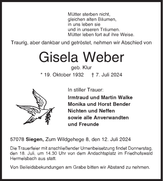Traueranzeige von Gisela Weber von Siegener Zeitung