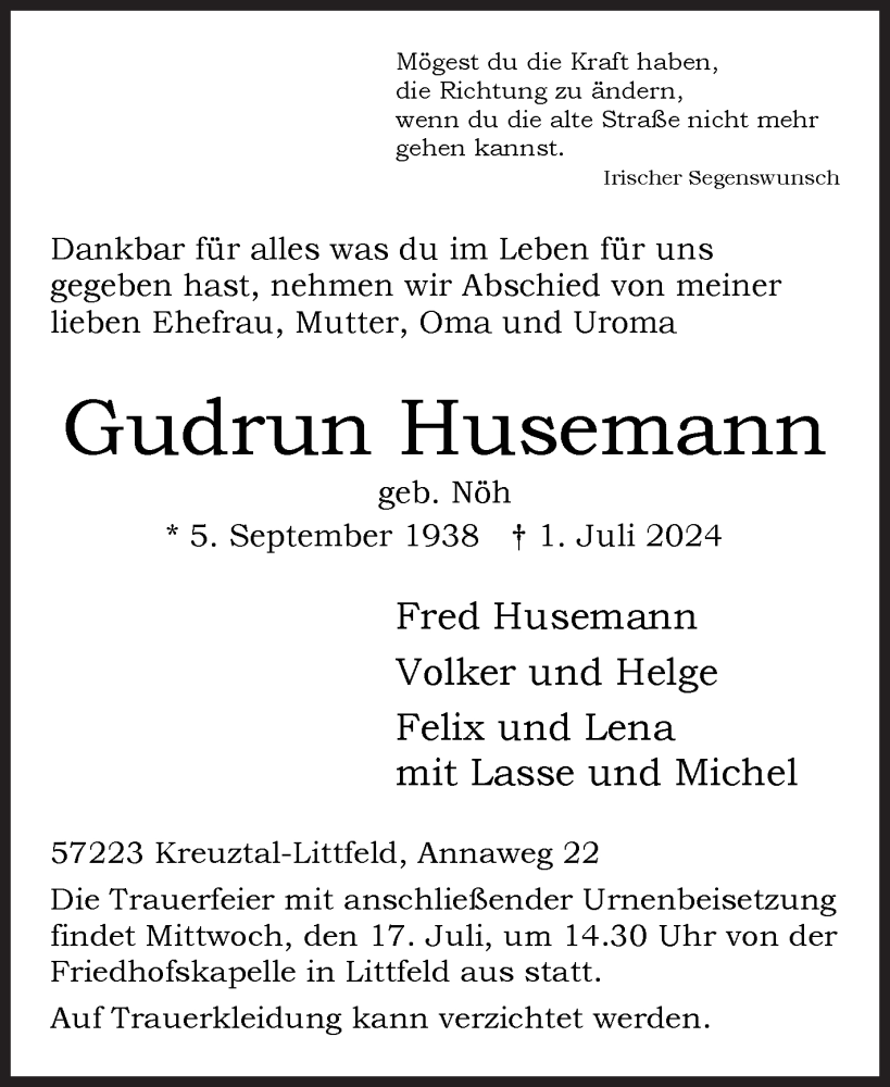  Traueranzeige für Gudrun Husemann vom 11.07.2024 aus Siegener Zeitung