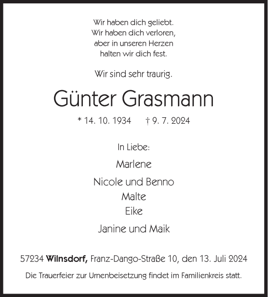 Traueranzeige von Günter Grasmann von Siegener Zeitung