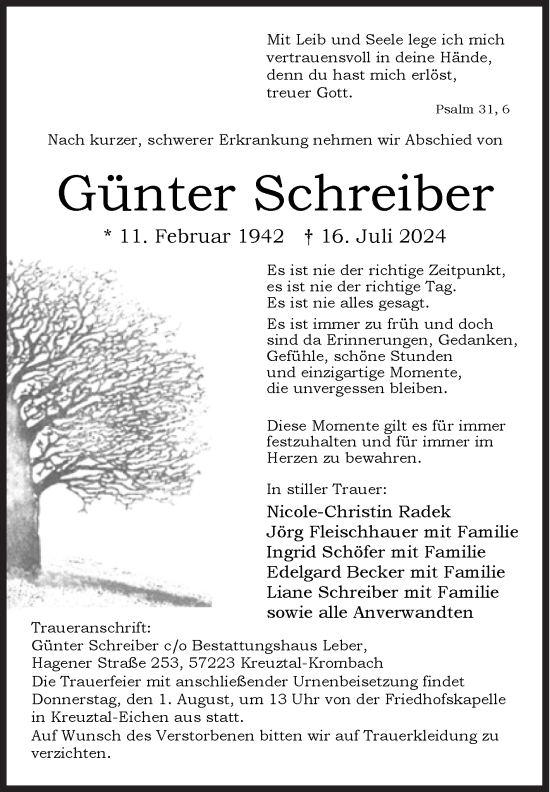 Traueranzeige von Günter Schreiber von Siegener Zeitung
