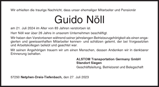 Traueranzeige von Guido Nöll von Siegener Zeitung