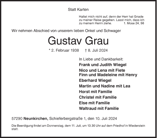 Traueranzeige von Gustav Grau von Siegener Zeitung