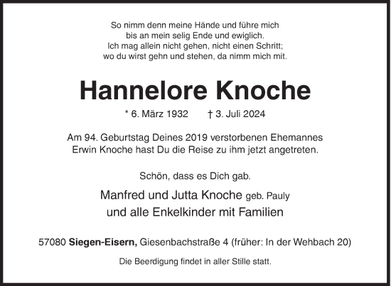 Traueranzeige von Hannelore Knoche von Siegener Zeitung