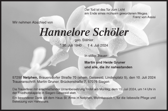 Traueranzeige von Hannelore Schöler von Siegener Zeitung