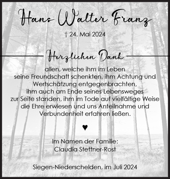 Traueranzeige von Hans Walter Franz von Siegener Zeitung