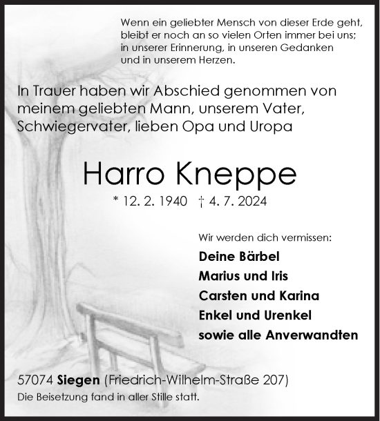 Traueranzeige von Harro Kneppe von Siegener Zeitung