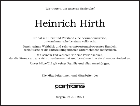 Traueranzeige von Heinrich Hirth von Siegener Zeitung