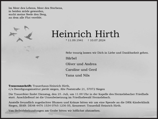 Traueranzeige von Heinrich Hirth von Siegener Zeitung
