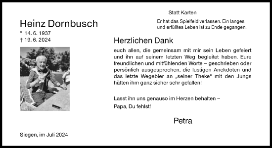 Traueranzeige von Heinz Dornbusch von Siegener Zeitung