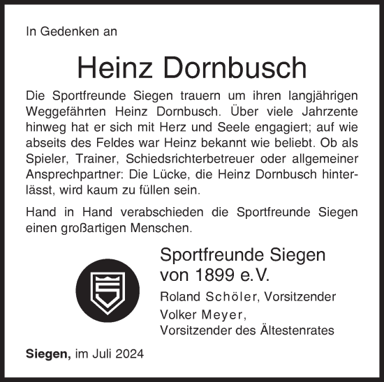 Traueranzeige von Heinz Dornbusch von Siegener Zeitung