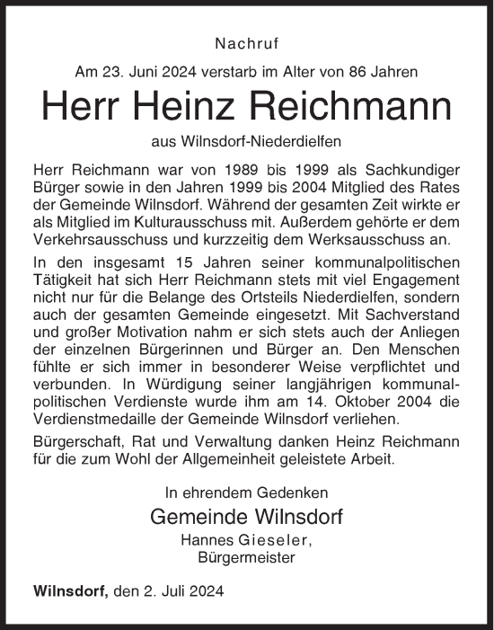 Traueranzeige von Heinz Reichmann von Siegener Zeitung
