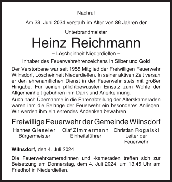 Traueranzeige von Heinz Reichmann von Siegener Zeitung