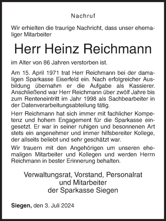 Traueranzeige von Heinz Reichmann von Siegener Zeitung