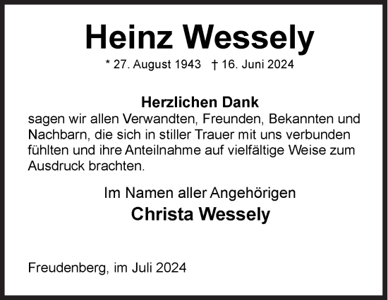 Traueranzeige von Heinz Wessely von Siegener Zeitung