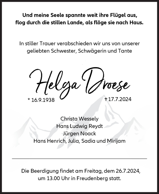Traueranzeige von Helga Droese von Siegener Zeitung