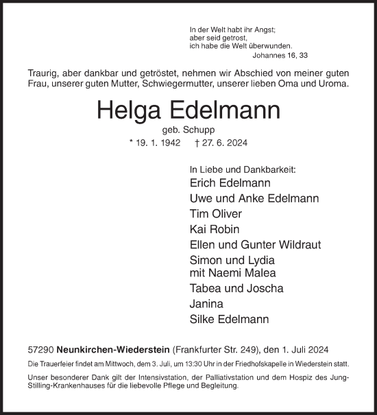 Traueranzeige von Helga Edelmann von Siegener Zeitung