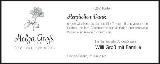 Traueranzeige von Helga Groß von Siegener Zeitung
