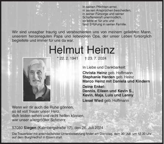 Traueranzeige von Helmut Heinz von Siegener Zeitung