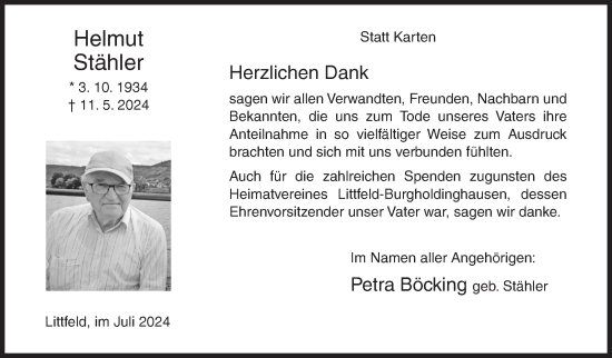 Traueranzeige von Helmut Stähler von Siegener Zeitung