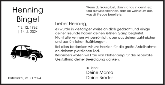 Traueranzeige von Henning Bingel von Siegener Zeitung