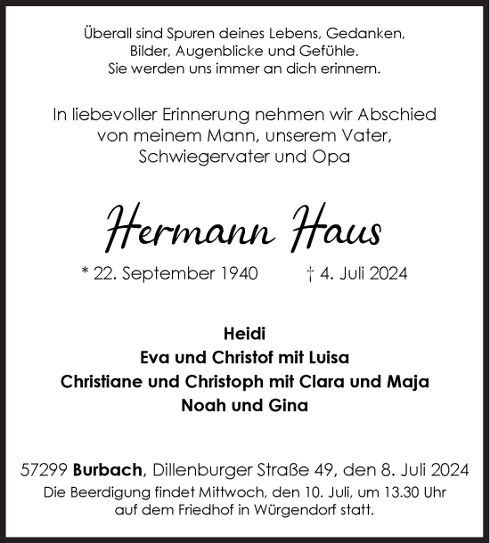 Traueranzeige von Hermann Haus von Siegener Zeitung