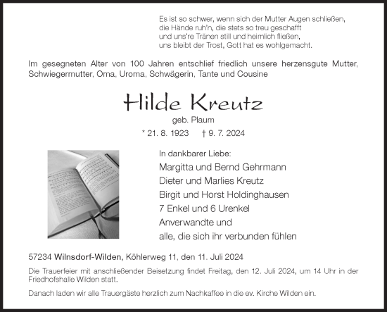 Traueranzeige von Hilde Kreutz von Siegener Zeitung