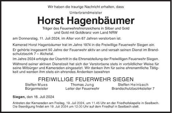 Traueranzeige von Horst Hagenbäumer von Siegener Zeitung