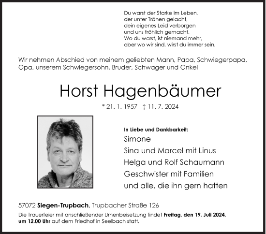Traueranzeige von Horst Hagenbäumer von Siegener Zeitung