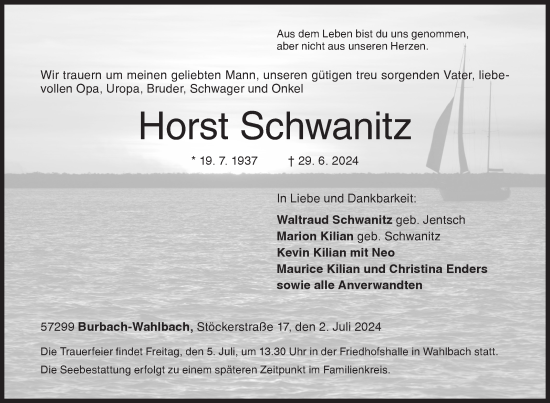 Traueranzeige von Horst Schwanitz von Siegener Zeitung