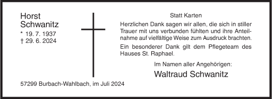Traueranzeige von Horst Schwanitz von Siegener Zeitung