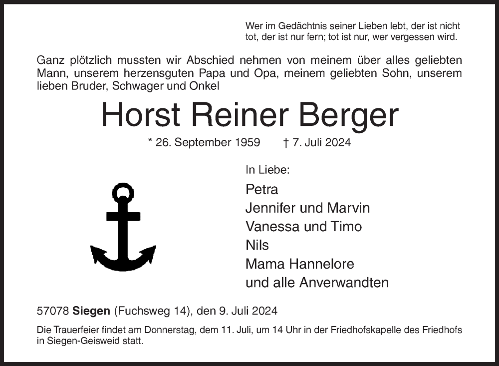  Traueranzeige für Horst Reiner Berger vom 09.07.2024 aus Siegener Zeitung
