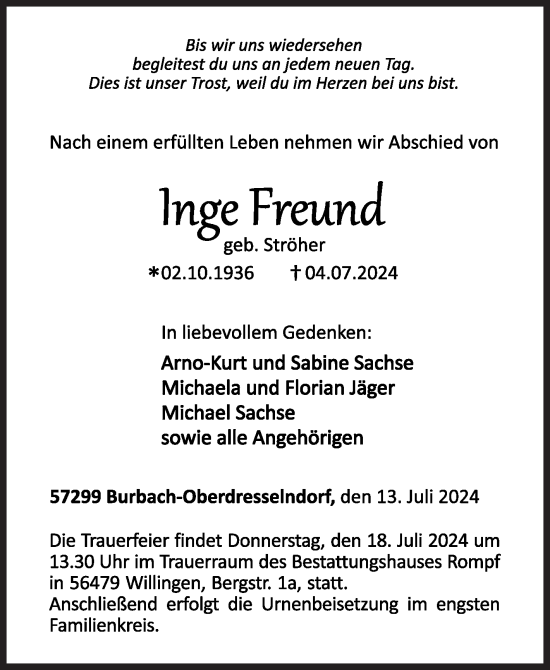 Traueranzeige von Inge Freund von Siegener Zeitung