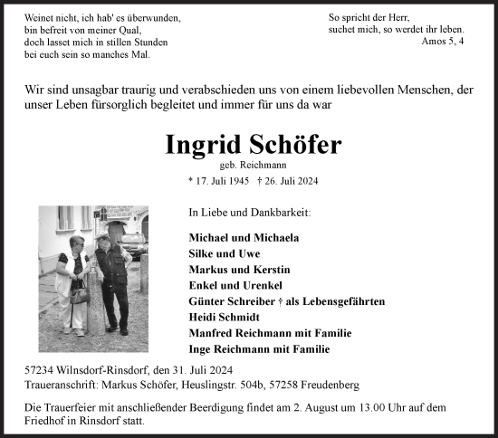 Traueranzeige von Ingrid Schöfer von Siegener Zeitung