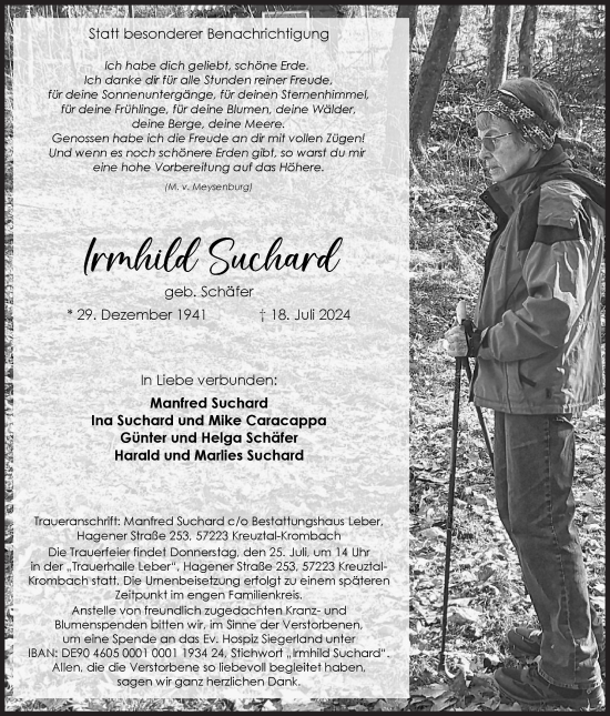 Traueranzeige von Irmhild Suchard von Siegener Zeitung