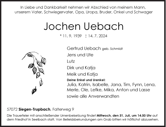 Traueranzeige von Jochen Uebach von Siegener Zeitung