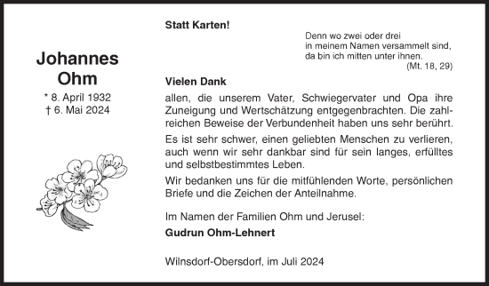 Traueranzeige von Johannes Ohm von Siegener Zeitung