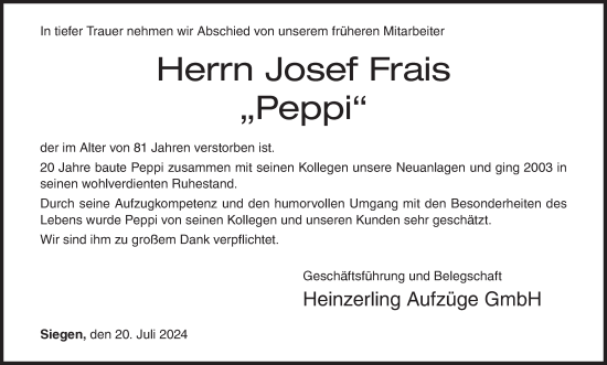 Traueranzeige von Josef Frais von Siegener Zeitung