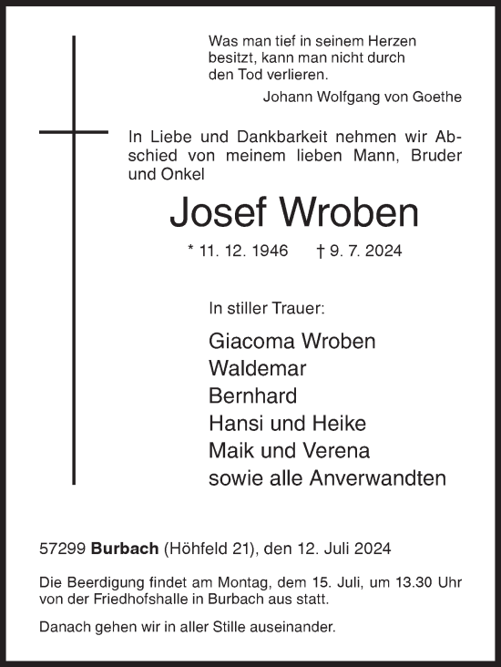 Traueranzeige von Josef Wroben von Siegener Zeitung