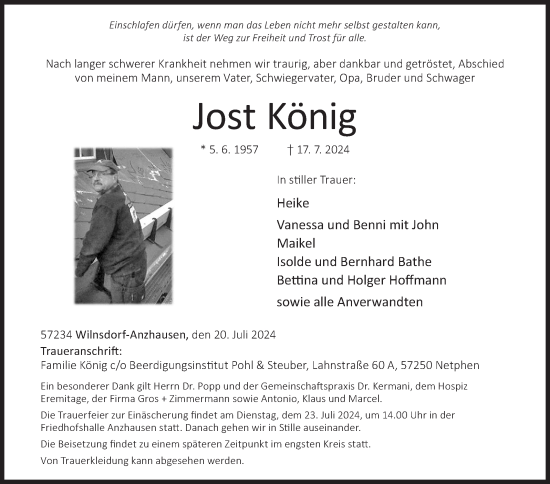 Traueranzeige von Jost König von Siegener Zeitung